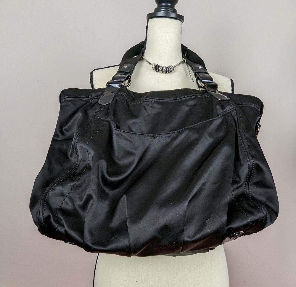 VTG Y2K Liz Claiborne Shiny Black Polyester Polyvinyl Extra Large Tote Bag Purse